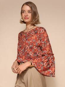 Almamuse Women's Elegant Floral Print Round Neck Long Sleeve Blouse