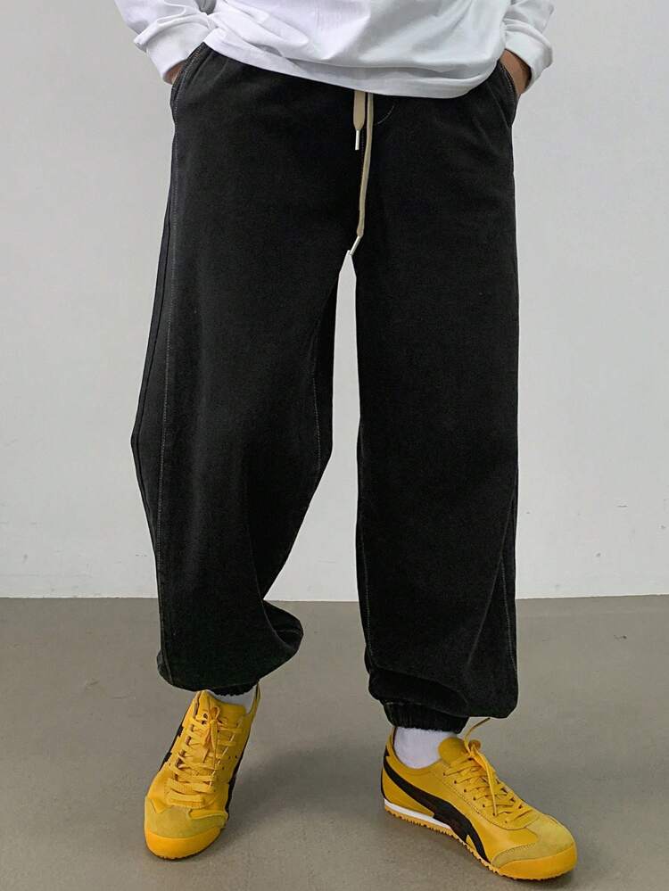 Men's Solid Color Casual Slant Pocket Drawstring Waist Tapered Leg Jeans Fall,Winter