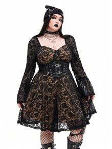Whyspr Goth Punk Plus Size Gothic Punk Style Halloween Cosplay Dress, Two-Layered Lace A-Line Dark Punk Retro Palace Dress - Black - View 6