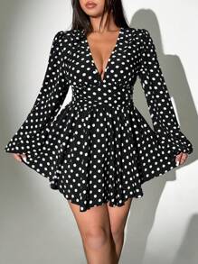 Viva Relle 大码休闲波尔卡圆点印花 V 领灯笼袖连衣裙，适合秋季日常穿着