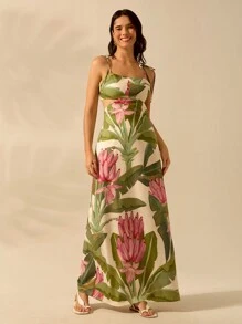 CAJUNI 女式波西米亚风香蕉树印花无袖细肩带系腰连衣裙，休闲海滩度假夏季 - 彩色 - 查看 6