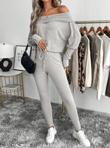 SHEIN LUNE 2 件套秋季休闲紧身运动紧身裤和露肩短款上衣，棕色天鹅绒面料，女款 - 杏色 - 查看 4