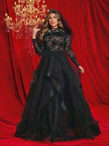 SHEIN Belle Plus Size Gothic Style Layered Ruffle Trim Black Lace And Mesh Informal Wedding Dress, Formal Evening Gown, Prom Dress, For Wedding Guest, Graduation, Dinner - Black - View 7