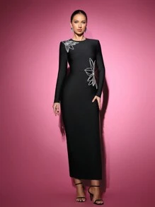 Glamrae Elegante Abito da sera lungo a maniche lunghe con scollo a barchetta, con decorazione a bolle di perle, modellante, con fessura sulla schiena, adatto per matrimoni, lauree, cene - nero - Visualizzare 6