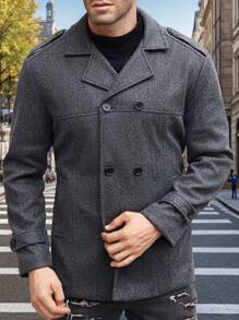 Manfinity Homme Men's Solid Color Lapel Neck Double-Breasted Casual Jacket, Autumn/Winter - Dark Grey - View 1