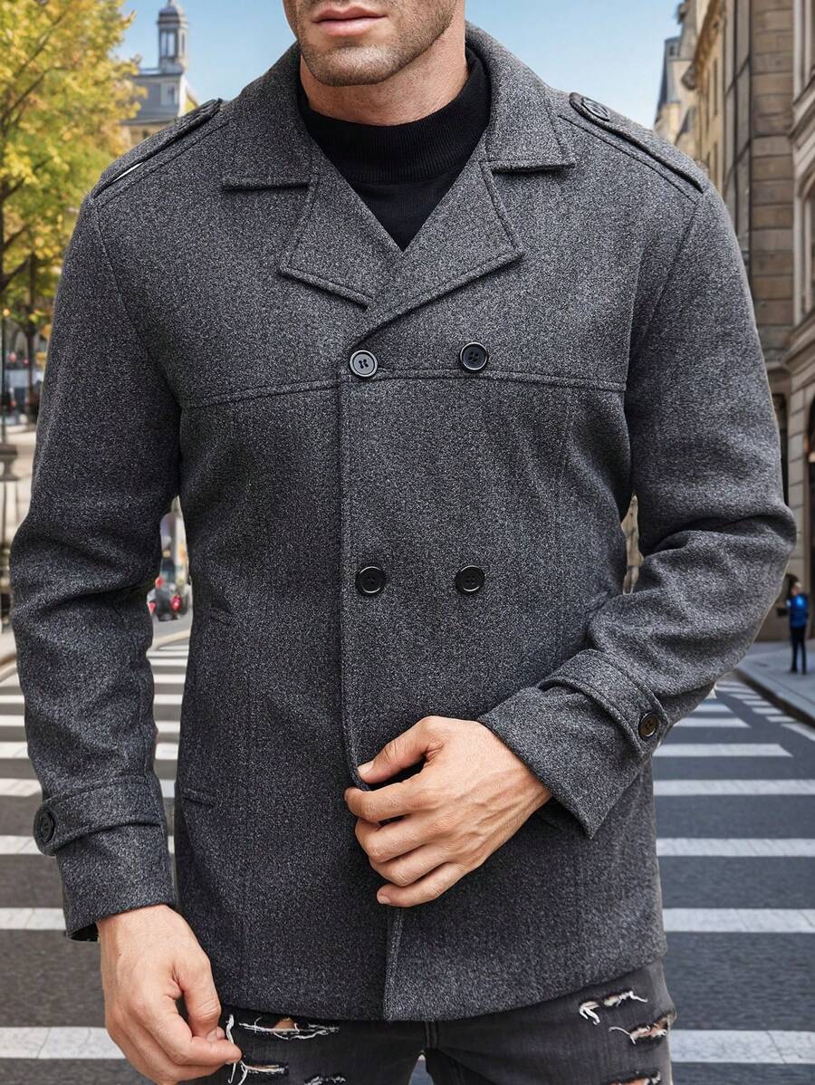 Manfinity Homme Men's Solid Color Lapel Neck Double-Breasted Casual Jacket, Autumn/Winter - Dark Grey - View 1