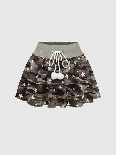 Kawaii Women's Y2K Harajuku Baddie Y2K Camouflage Five-Pointed Star Rhinestone Embellished Mini Low-Waisted Ruffle Hem Skirt