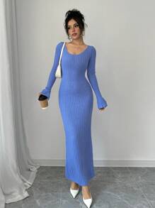 Váy len dài ôm dáng màu trơn thường ngày cho nữ, Thu/Đông - Màu xanh lam - Xem 6