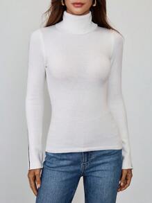 Chiquease 女士休闲高领撞色滚边开袖修身毛衣 - 白色 - 查看 6