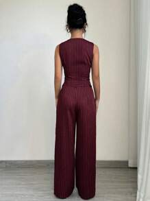 Elenzga 1set Women Casual Striped Blazer Vest + Women Casual Suit Pants - Burgundy - View 2