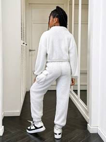 SHEIN Tween 女童休闲双面羊毛纯色拉链夹克套装 - 白色 - 查看 4