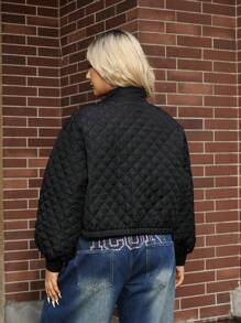 SHEIN EZwear Áo khoác đệm ngắn cổ đứng họa tiết kim cương màu trơn thường ngày cỡ lớn mùa đông - màu đen - Xem 2