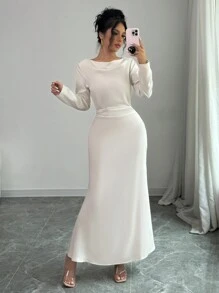 Chiquease 1 件女士优雅丝醋酸纤维缎面束腰露背吊带美人鱼下摆连衣裙长款女装 - 杏色 - 查看 3