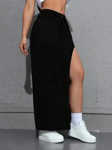 SHEIN EZwear 女士性感纯色高开叉长款牛仔裙 - 黑色 - 查看 6