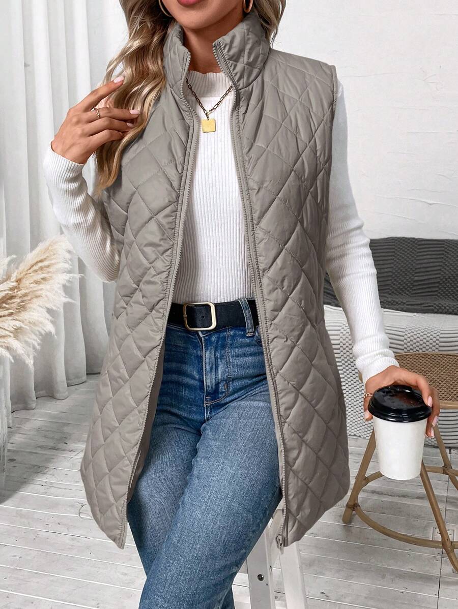 SHEIN Clasi Áo khoác chần bông cổ đứng màu trơn giản dị dành cho nữ, mùa thu/đông - Màu xám đen - Xem 1