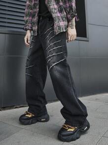 Manfinity EMRG 男士休闲直筒洗水牛仔裤 - 黑色 - 查看 5