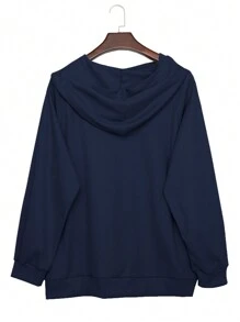 Plus Size Women Solid Color Casual Sweatshirt, Autumn Spring - Navy Blue - View 2