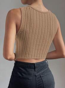 SHEIN Clasi Solid Color Hollow Chain Decor Sleeveless Casual Knitted Top - Khaki - View 2