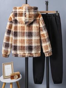 SHEIN Bộ 2 món cho bé trai tuổi teen: áo khoác cardigan dày dặn, ấm áp bằng vải nhung mềm mại có mũ trùm đầu và quần nỉ ấm áp dùng cho hoạt động ngoài trời, kèm túi đeo vai thời trang dễ thương, thích hợp cho mùa đông. - Nhiều màu - Xem 2