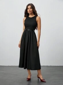 SHEIN Tall 女士纯色夏季无袖 A 字形连衣裙（配腰带）、返校季、秋季女装、万圣节连衣裙、狂欢节服装、早午餐女士服装、秋季连衣裙、返校节连衣裙、音乐会女士服装、暗黑学院风、文艺复兴时期连衣裙 - 黑色 - 查看 4