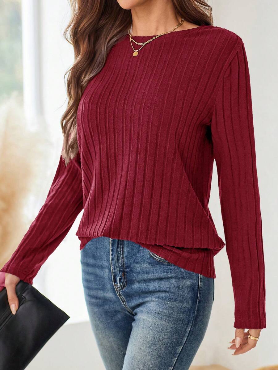 EMERY ROSE T-shirt à manches longues et col rond bleu marine pour femme en automne - Rouge foncé - Voir 1