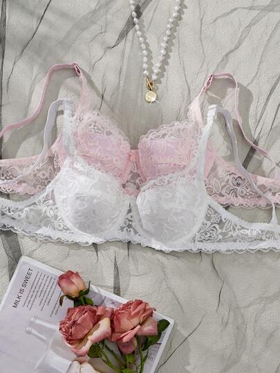 2pcs Set: Elegant Solid Lace Push Up Underwire Sexy Lingerie Bra