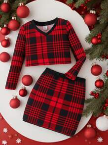 SHEIN Bộ trang phục áo phông và váy kẻ caro đỏ cổ chữ V dễ thương và cổ điển cho bé gái, phải có, đa năng, phù hợp cho mẹ, con gái và chị em gái, tuyệt vời cho trang phục thường ngày và trang phục đi học hàng ngày vào mùa thu và đông, cho Giáng sinh, trang phục dự tiệc, thời trang cho bé gái - Nhiều màu - Xem 1