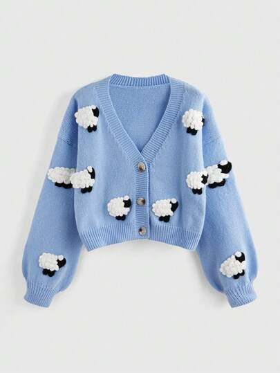 Kawaii Chaqueta holgada con botones y decoración de ovejas, estilo casual y lindo, para otoño/invierno