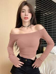 DAZY 女式露肩紧身 T 恤，裸粉色，春夏长袖女上衣，秋季女装 - 粉色 - 查看 4