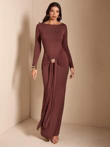 SHEIN BAE Vestido maxi de color marrón sólido/café con cuello redondo, manga larga, fruncido, ajustado y con cola de pez, adecuado para fiesta de cóctel, cita romántica, vestido de otoño/invierno para capas, fiesta, dama de honor de boda, noche, Halloween, Navidad - Marrón - Ver 4
