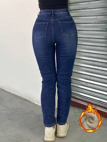 GILIPUR Jeans con botones al frente, múltiples bolsillos y forro térmico para mujer - Azul - Ver 2