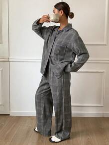 DAZY 简约格子撞色设计宽松睡衣套装 - 灰色 - 查看 4