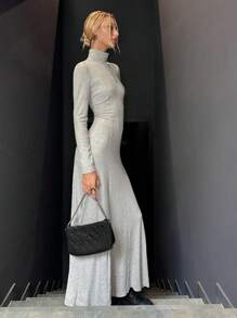 SHEIN EZwear 1pc Women Solid Color Long Sleeve Simple High Neck Long Dress, Casual For Daily Wear - Grey - View 1