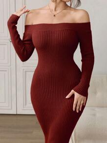 Modelyn Burgundy Red Women's Solid Color Off-Shoulder Elegant Long Sleeve Sweater Dress