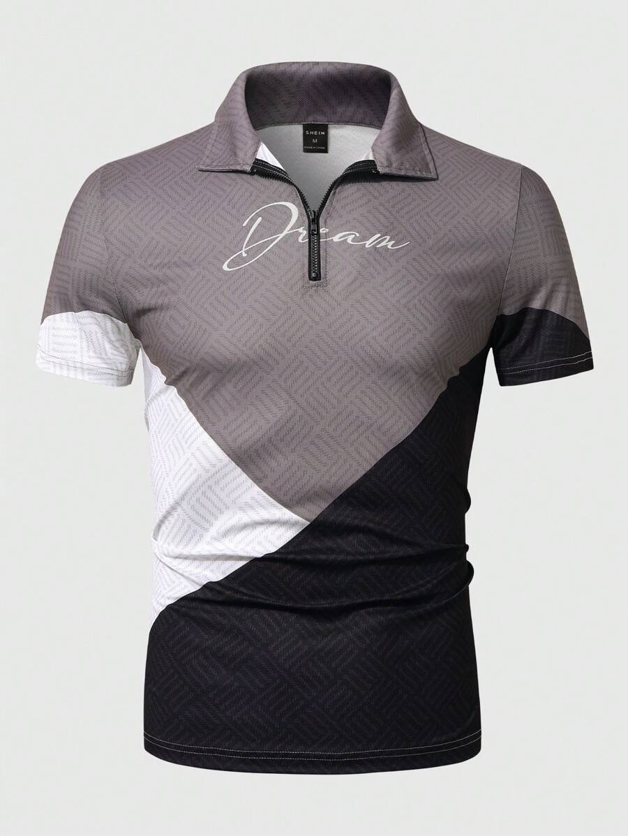 Calvornis Color Block Letter Print Zip-Up Short Sleeve Polo Shirt For ...