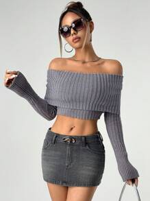 SHEIN ICON 1pc Women Fall Sweaters One-Shoulder Long Sleeve Cropped Slim-Fit Sweater, Solid Color, Autumn