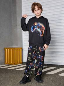 Set de 2 piezas de sudadera con capucha y pantalones con gráfico de videojuego que brilla en la oscuridad y estilo casual urbano para niño preadolescente, adecuado para ir a la escuela, tiempo libre, deportes, otoño/invierno - Negro - Ver 2