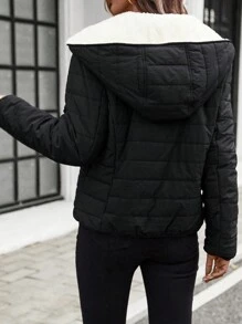 SHEIN LUNE Women's Black Casual Street Style Lightweight Padded Short Jacket, Winter