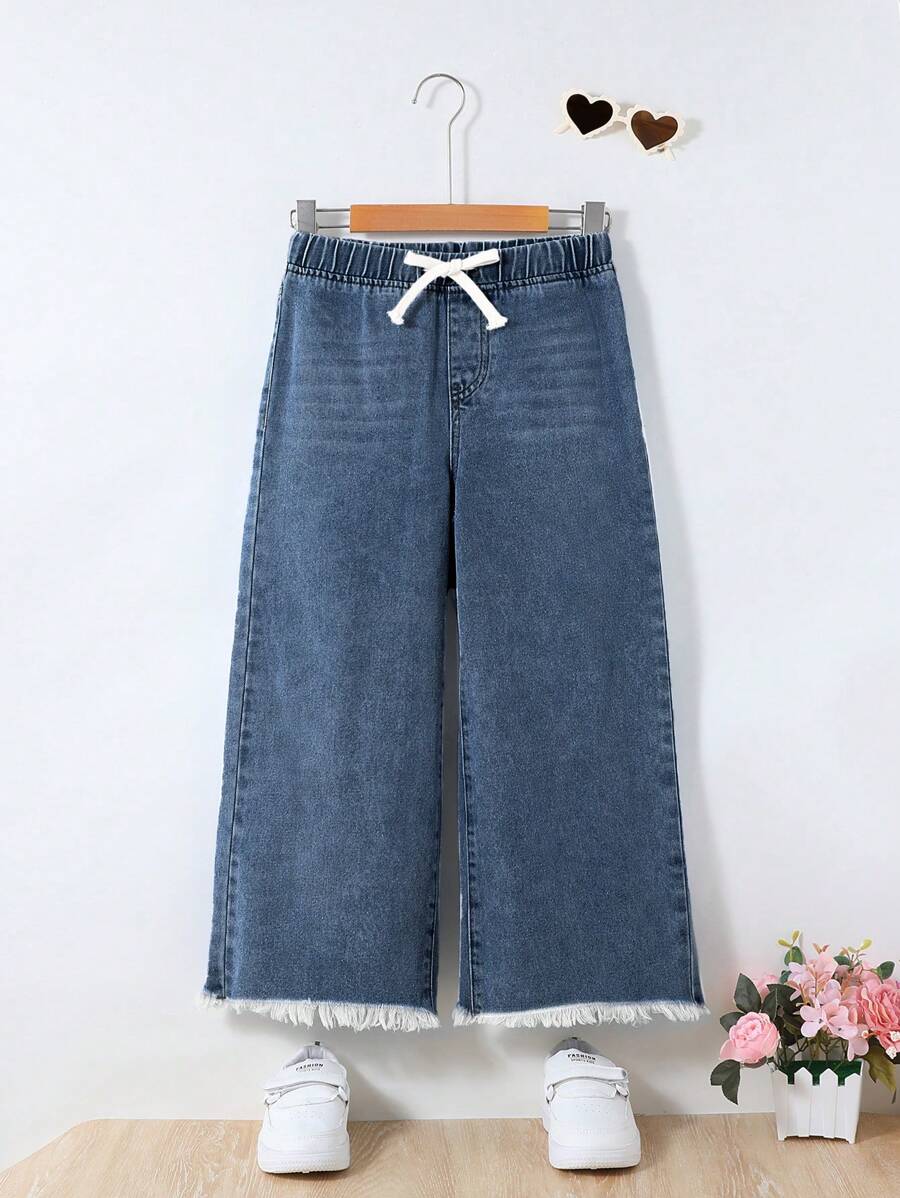 SHEIN Tween Girls Spring And Summer Boho Drawstring Waist Wide Leg Denim Pants,Girls Summer Clothes Outfits - Dark Wash - View 1