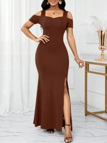 SHEIN Lady Wedding Guest Dress Holiday Reception Ceremony Dress - Chocolate Brown - View 5