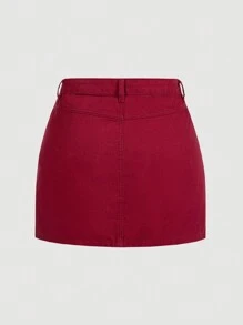 SHEIN MOD Women Red Denim Mini Skirt, Casual - Red - View 2
