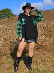 SHEIN Cottnline Plus Plaid Print Drop Shoulder Pocket Patched Jacket - Black - View 3