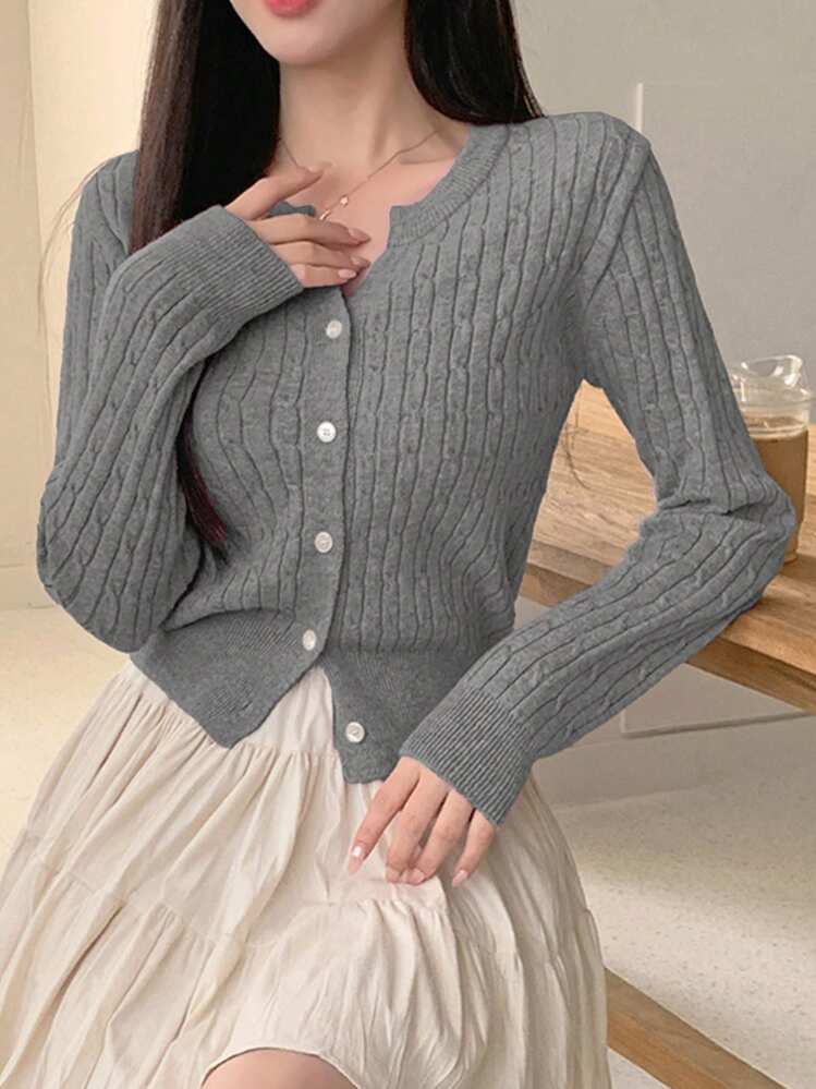 DAZY 女性カジュアル 無地ケーブルニット フィッテッド カーディガン、秋冬、長袖トップス - グレー - 見る 2