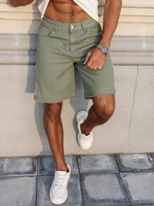 Manfinity Homme Men's Graphic Printed Pocket Raw Hem Casual Denim Shorts - Green - View 5