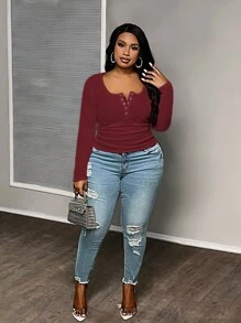 Slaydiva Camiseta de manga larga de corte slim con cuello cuadrado, en color rojo, para talla grande, uso casual y de combinación fácil