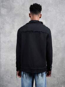SHEIN Veste de jean noire à manches longues avec design à franges vintage, style décontracté et branché, pour tenue de tous les jours et automne, vêtements pour ado garçon - Noir - Voir 2