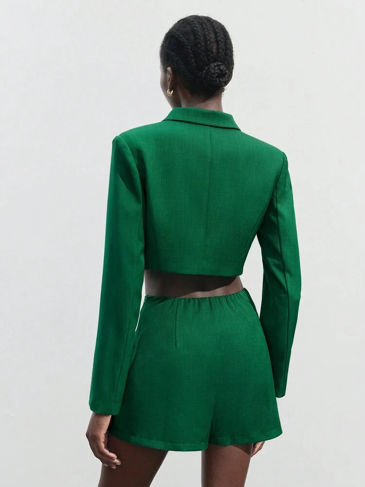 SHEIN Maija Women's Green Short Sleeve Casual Suit Jacket With Front Waistband And Fashion Metal Accessories, Shorts, Spring Commute Set, Holiday Party Wear