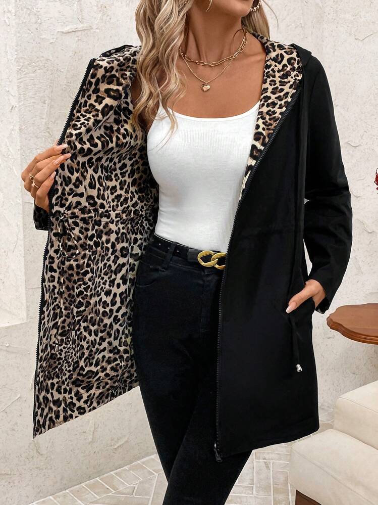 SHEIN Clasi Women's Casual Reversible Leopard Print Zip-Up Hooded