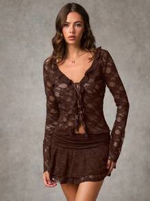 SHEIN BAE Black Sexy Lace Sweet Ruffled Front Straps See-Through Top For Women/Fall Women Outfits/Western Clothing/Cowgirlcore Clothing - Coffee Brown - View 5