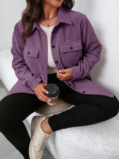 SHEIN LUNE Plus Size Women Solid Color Long Sleeve Single Button Loose Casual Jacket, Autumn Winter Fall